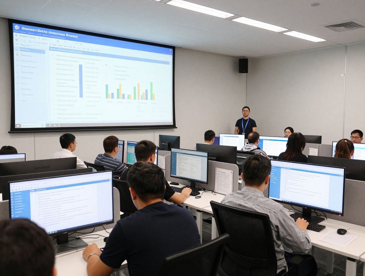 Редакционный офис в современном коворкинге Шымкента: несколько рабочих мест с мониторами, стенды с технологическими заметками, большой экран с аналитическими данными