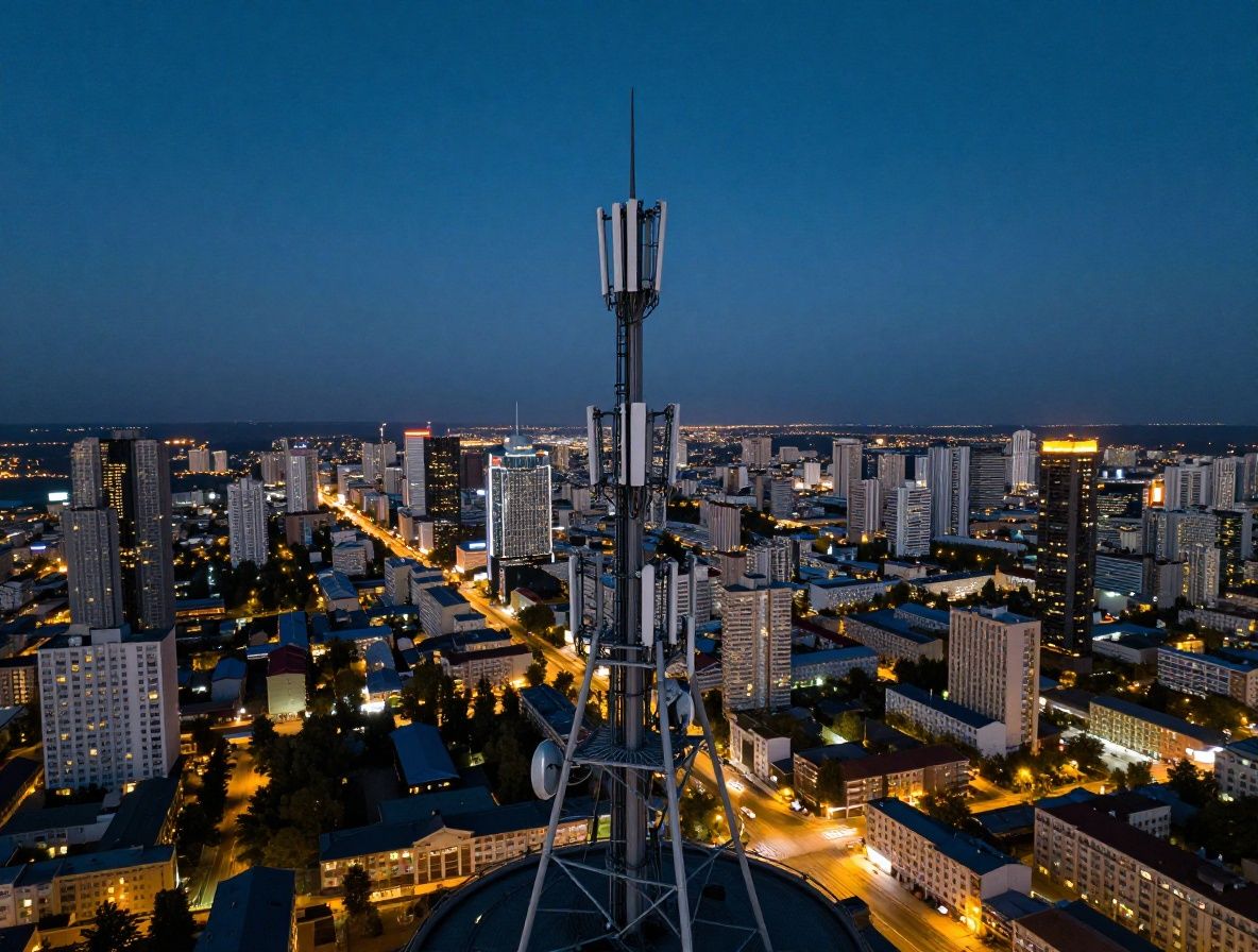 Городская улица Шымкента вечером с видимыми 5G антеннами на мачтах освещения и светящимися смартфонами у прохожих