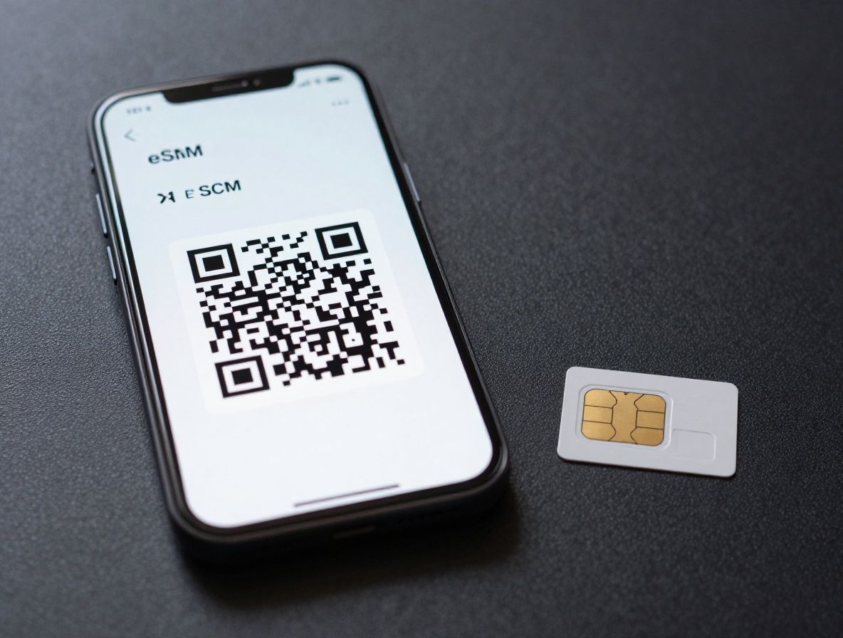 Смартфон с открытыми настройками eSIM на экране, рядом лежит традиционная SIM-карта для сравнения