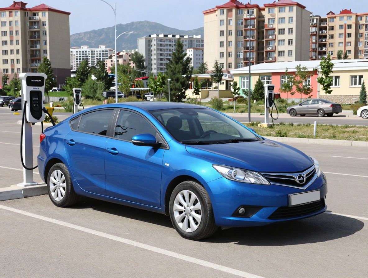 Современный электромобиль подключён к зарядной станции на парковке в казахстанском городе, вечернее освещение