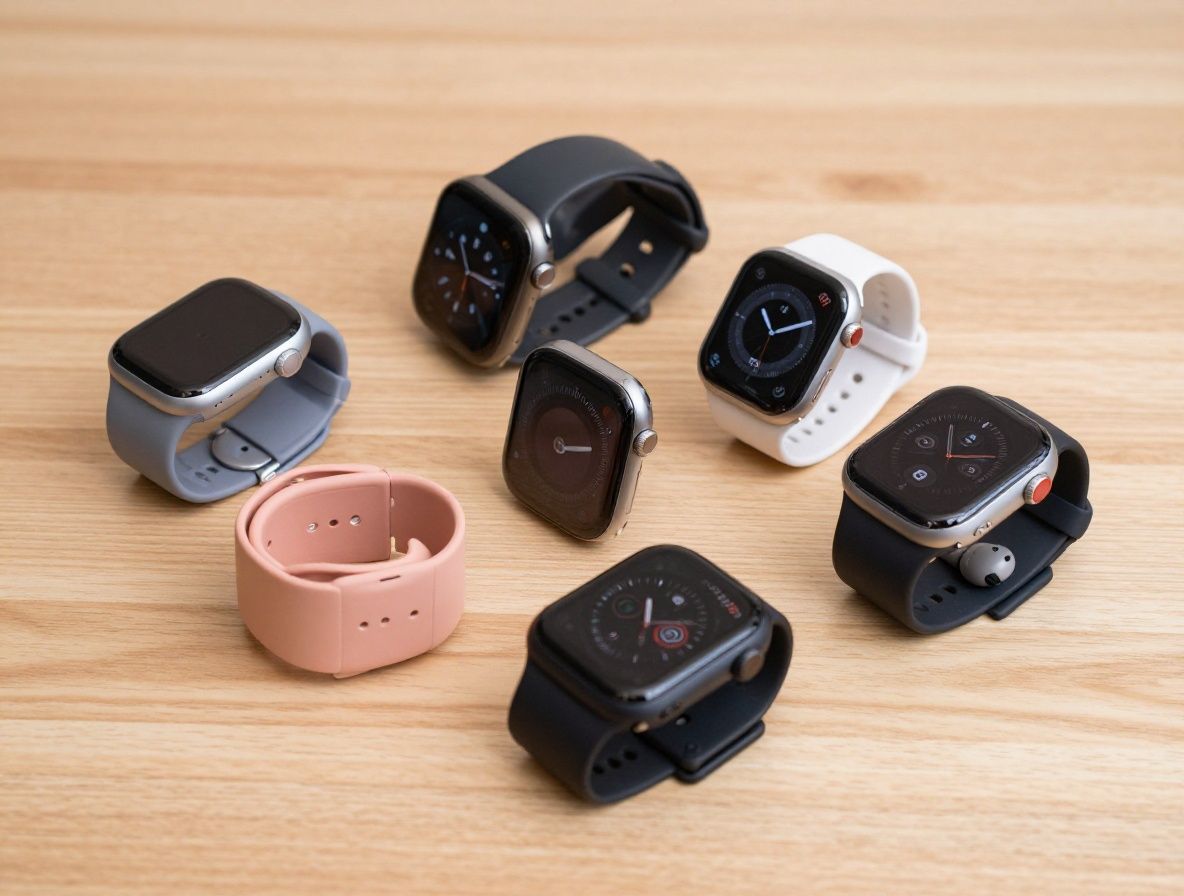 Крупный план смарт-часов на запястье человека, показывающих пульс и шаги, рядом с фитнес-браслетом на деревянном столе