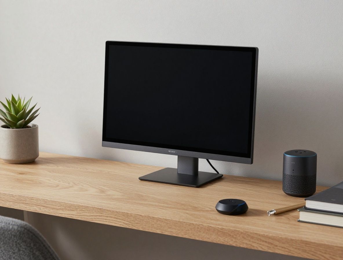 Современная гостиная с умными устройствами, управляемыми со смартфона — умная колонка, умные лампочки и термостат