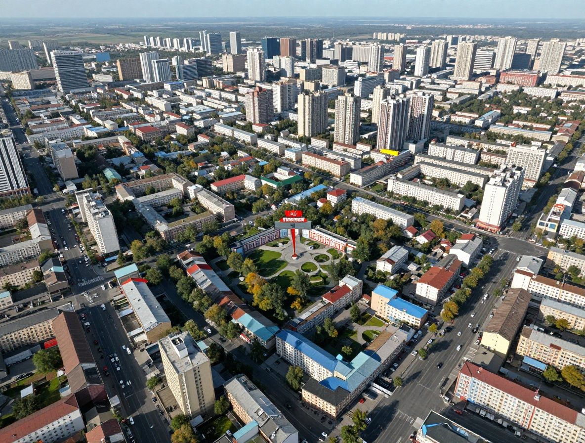 Карта центральной части Шымкента с отмеченным адресом редакции Tirexil на улице Ауэзова, 14, вид сверху на городские кварталы