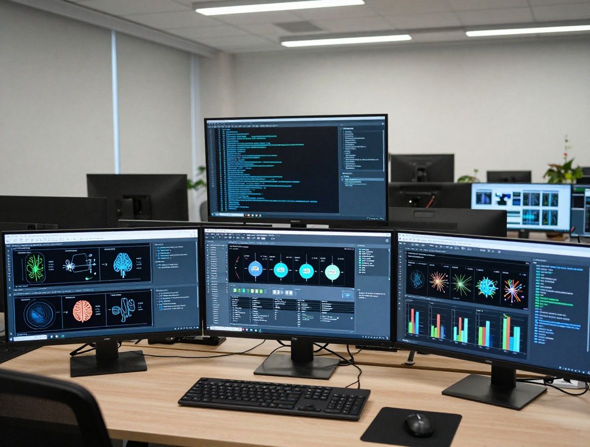 Современный офис в Шымкенте с несколькими мониторами, на которых отображаются интерфейсы искусственного интеллекта и аналитические панели данных