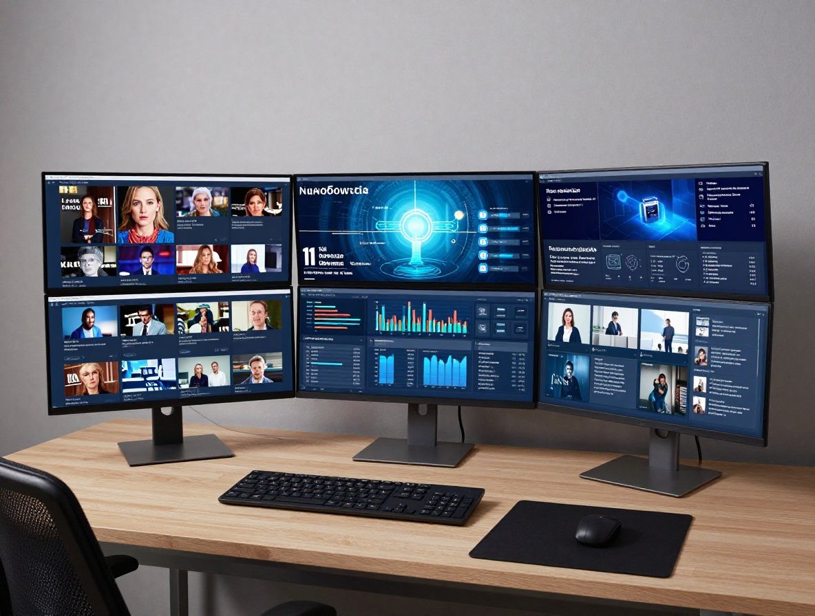 Дизайнерское рабочее место с несколькими экранами, показывающими технологические новости и аналитические дашборды в стиле ночного офиса